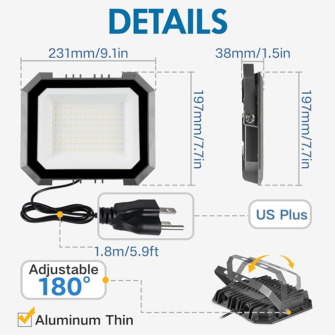 1 Pack LED Flood Lights Outdoor, 100W 10000LM Super Bright Floodlight Outside Work Light with 5.9FT Plug, IP65 Waterproof 6000K Outdoor LED Flood Light for Garage, Yard, Lawn, Garden