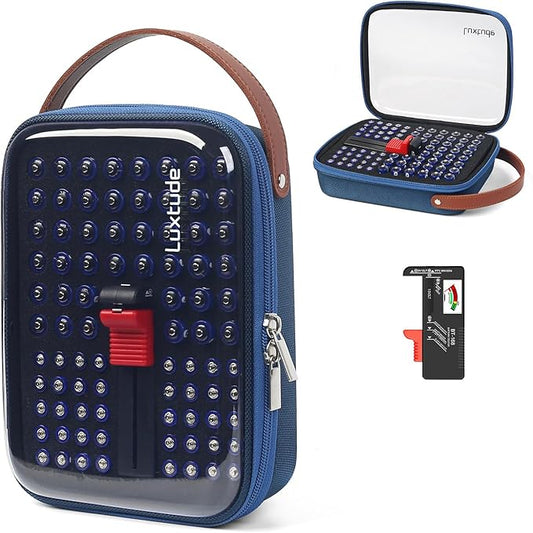 Luxtude Battery Organizer Storage Case with Tester, Clear Battery Storage Organizers Holds, Hard Batteries Holder Organizers, Portable Batteries Case Organizer (Blue AA)