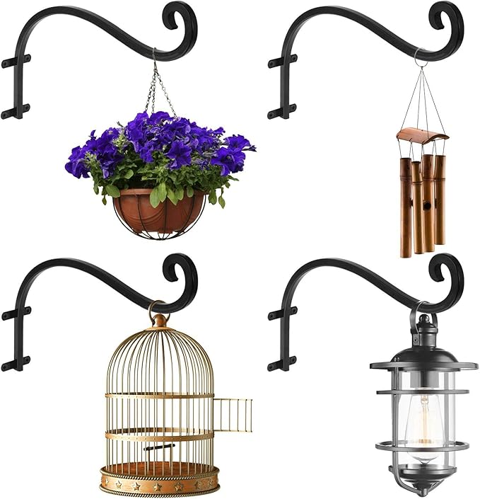 4Pack Heavy Duty Plant Hanger, 12inch Outdoor Hanging Plant Bracket, 60lbs Bearing Capacity Metal Wall Flower Pot Hanger Hooks, Wall Hanging Hooks for Wind Chimes, Bird Feeders, Lanterns