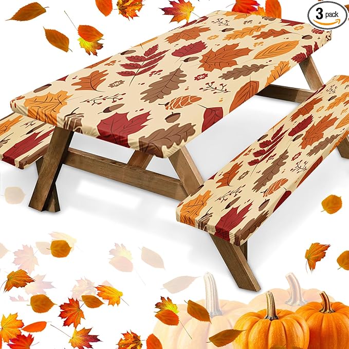 Picnic Table Cover with Bench Covers Elastic Edges, Autumn Fall Fitted Table Cover, Outdoor Patio Camping Essentials 72 Inch 3PCS, Waterproof Camping Fitted Tablecloth with Drawstring Bag