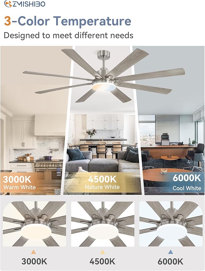 72 Inch Ceiling Fan with Light, Brushed Nickel Modern Ceiling Fan with large LED Panel, Quiet Reversible DC Motor, 6-Speeds, 3CCT, Indoor/Outdoor Ceiling Fans for Living Room, Garage, Bedroom