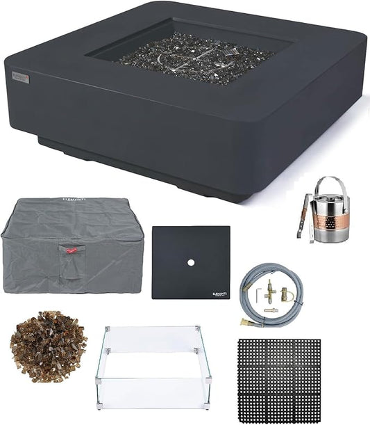 Elementi+ | Bundle Bergamo Gas Fire Pit Cast Concrete 42" Square Fire Table, Outdoor Fire Pit Electronic Ignition | Canvas Cover, Fire Glass and Burner Lid Included | Dark Gray | Natural Gas