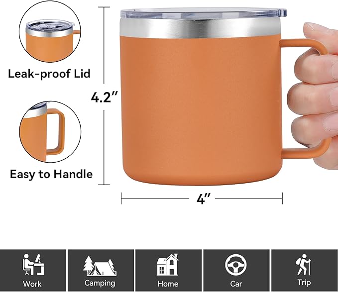 VEGOND 14 oz Insulated Coffee Mug Bulk with Handle, Stainless Steel Travel Coffee Mug with Lid, Double Wall Vacuum Metal Coffee Cup, Coffee Tumbler Powder Coated, Orange 4 Pack