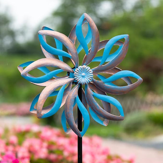 Metal Wind Spinners Outdoor,Vintage Kinetic Wind Spinner Garden Pinwheels with Metal Stake for Patio,Lawn,Garden,Creative Gifts for Women, 57.5 * 13.5 Inch (Blue)