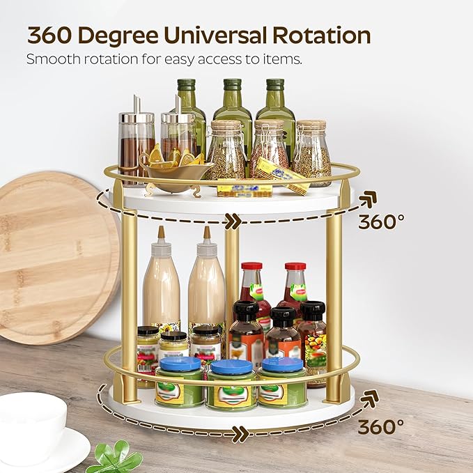Lazy Susan Organizer, Rotating Spice Rack, 2 Tier Spice Turntable Organizer, Industrial Turntable Spice Holder, for Kitchen Countertop and Cabinet, Compact and Versatile, White and Gold SR22DW