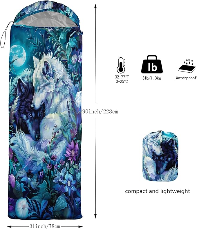 Sleeping Bags for Adults and Kids，3D Printing Camping Sleeping Bag for Girls Boys Lightweight Waterproof Cold/Warm 3-Season，Outdoor Travel with Compression Bags