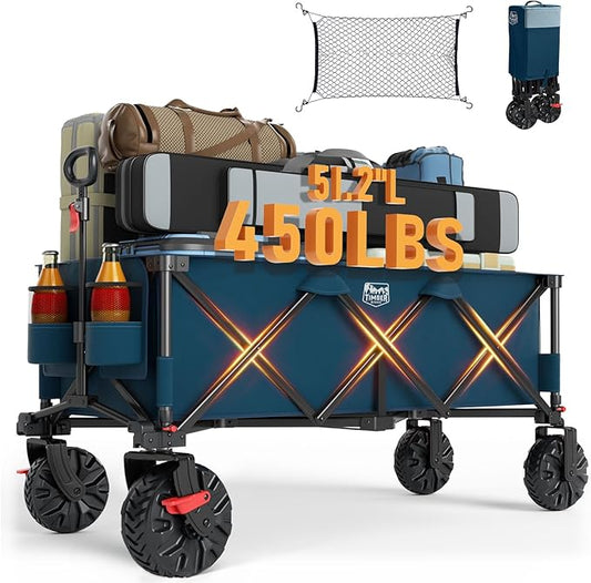 TIMBER RIDGE 51.2" Extended Collapsible Wagon - Heavy-Duty Utility Cart with All-Terrain Wheels, Brakes & Cargo Net, 400L Capacity for Camping, Sports & Shopping, Blue