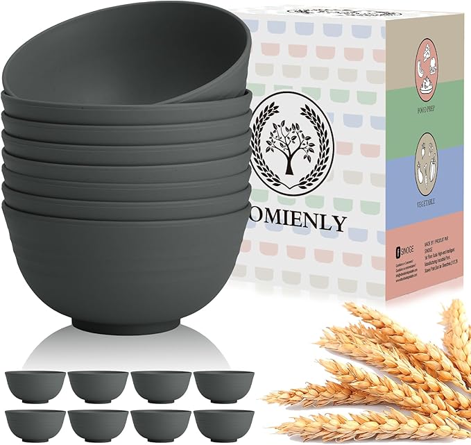 Hoimenly Wheat Straw Bowls, Unbreakable Cereal Bowl Set of 8, 26 OZ Bowls for Kitchen, Camping, Party, Microwave and Dishwasher Safe Bowls Set, Alternatives to Plastic Bowl(Dark Grey)