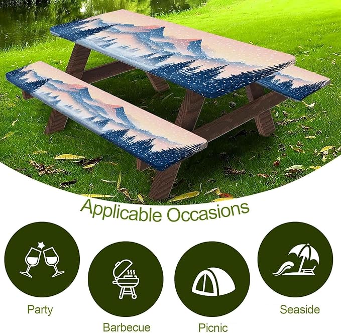 CAPSCEOLL Fitted Picnic Table Cover with Bench Covers with Elastic 8Ft Waterproof Picnic Table Cloths Windproof Outdoor Camping Tablecloth with Drawstring Bag, 96X30in, Snow Mountain