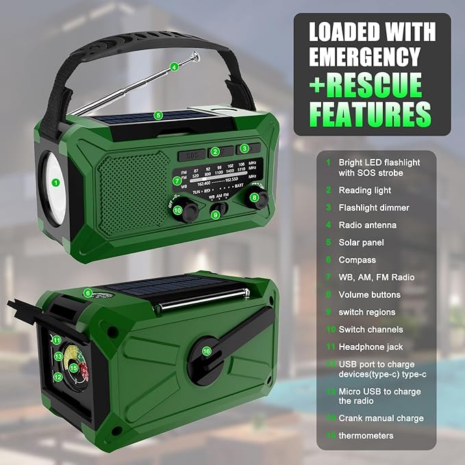 10000mAh Emergency Hand Crank Radio with LED Flashlight, AM/FM NOAA Portable Weather Alert Radio, Solar Powered Radio with Phone Charger, USB Charged, Headphone Jack, SOS Alarm, Compass for Outdoors