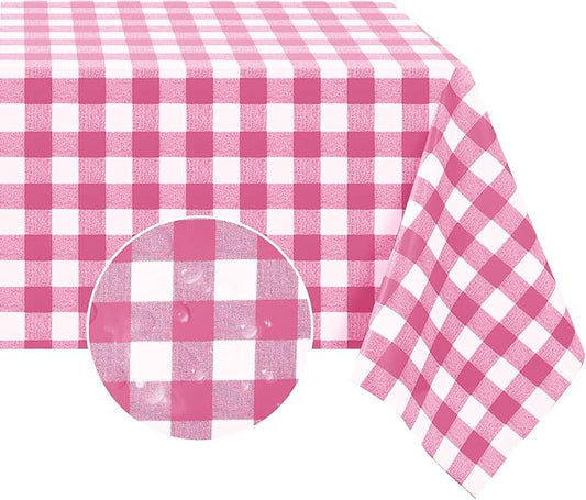 Romanstile Rectangle Vinyl PVC Tablecloth, 100% Waterproof Buffalo Plaid Plastic Table Cloth, Oil Proof Heavy Duty Wipeable Table Covers for Dining/Camping/Picnic/Outdoor - 54 x 108, Hot Pink