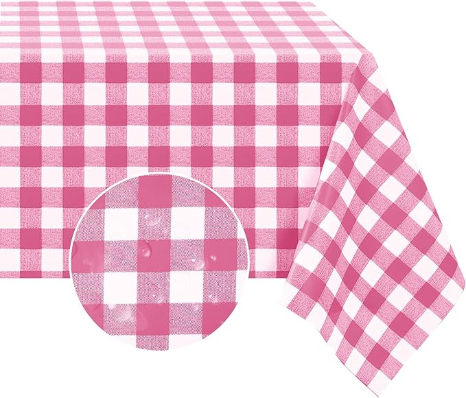 Romanstile Rectangle Vinyl PVC Tablecloth, 100% Waterproof Buffalo Plaid Plastic Table Cloth, Oil Proof Heavy Duty Wipeable Table Covers for Dining/Camping/Picnic/Outdoor - 54 x 108, Hot Pink
