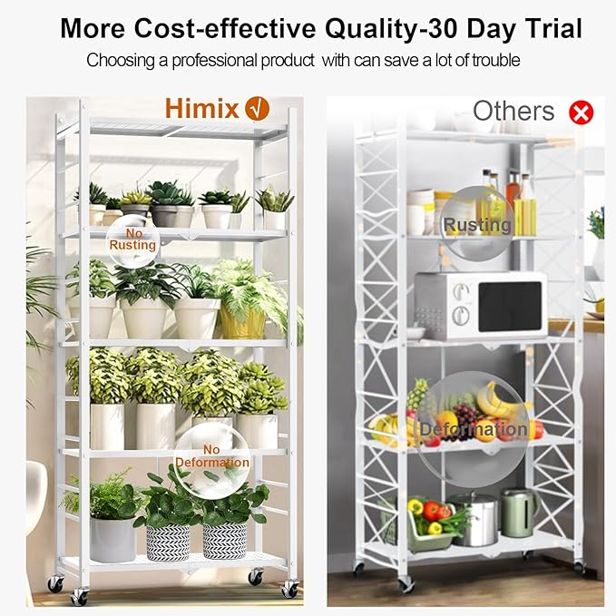 Himix 5-Tier Storage Folding Shelf with 20 Hooks, 4 Wheels, and Adjustable Feet, Stainless Steel