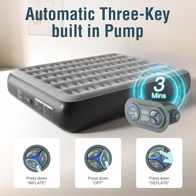 Air Mattress Queen with Built in Pump 13" Double Height Inflatable Mattress with Soft Flocked Top & Carry Bag Adjustable Blow Up Mattress Portable Air Bed for Guest Indoor