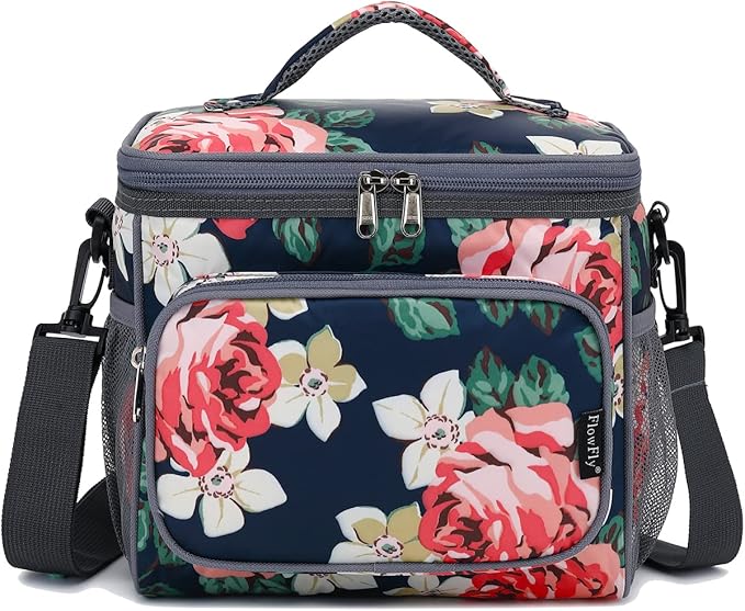 FlowFly Insulated Reusable Lunch Bag Adult Large Lunch Box for Women and Men with Adjustable Shoulder Strap,Front Zipper Pocket and Dual Large Mesh Side Pockets,Peony