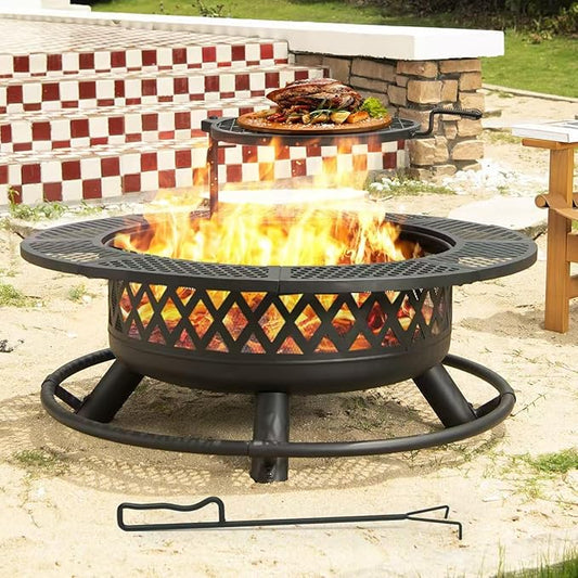 42 Inch Outdoor Fire Pit with Grill, Large Firepit Table for Outside, Metal Round Firepits with Lid&Fire Poker,3 in 1 Wood Burning Fire Pits & Outdoor Fireplaces for Backyard,Patio(42'' Black)