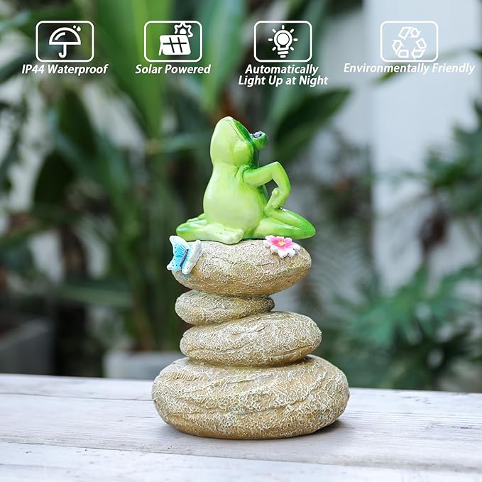 Solar Garden Statues Outdoor Frog Decor, Garden Sculptures Stones Solar Statue Novelty Yoga Frog Figurine Decoration for Patio Yard Porch Art Home Decor