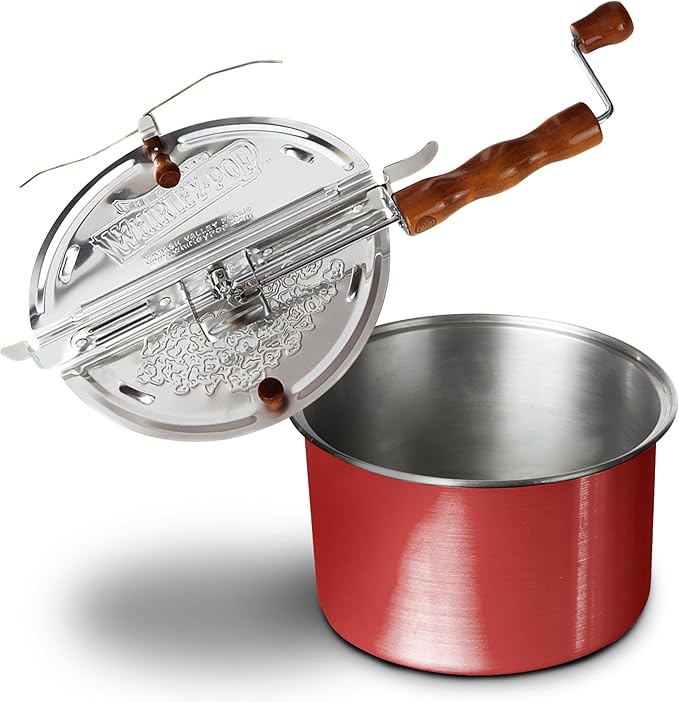 Original Whirley Pop Starter Pack - Wabash Valley Farms Popcorn Kit, Whirley Pop Popcorn Maker With 3 Movie Theater Popcorn Kits and 4 Movie Night Face Tubs, Gourmet Popcorn Gift Sets (Metal Gear-Red)