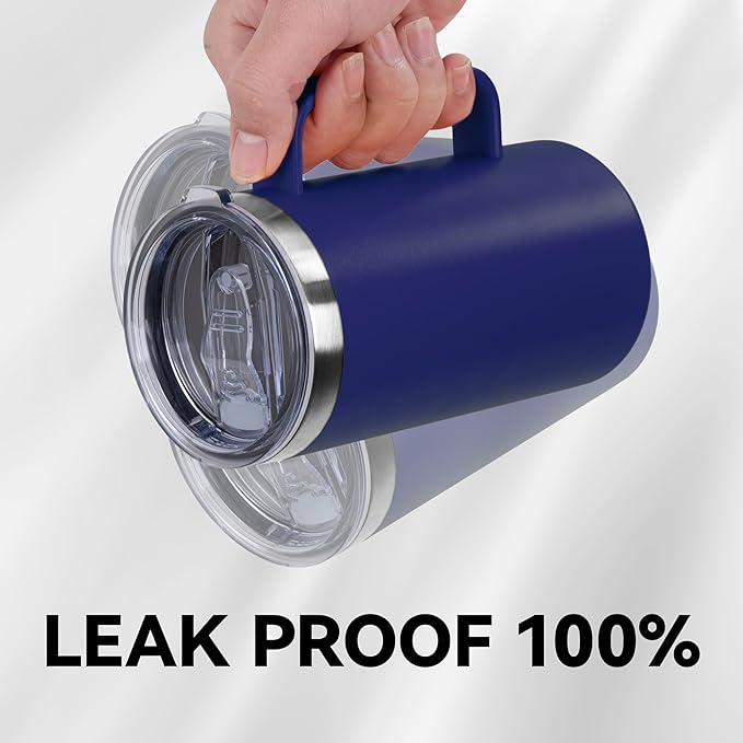 DOMICARE 24oz Mug with Handle and Lid, Stainless Steel Coffee Mug, Travel Mug with Handle, Double Wall Vacuum Coffee Tumbler, Reusable Insulated Cup, Dark Blue, Pack 4