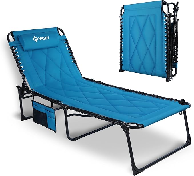 VILLEY Oversized Padded Chaise Lounge with Cushion, Foldable Camping Cot, Patio Reclining Lounge Chairs, Folding Sleeping Bed for Outdoor, Indoor, Backyard, Garden, Camping, Relaxing, Beach Tanning