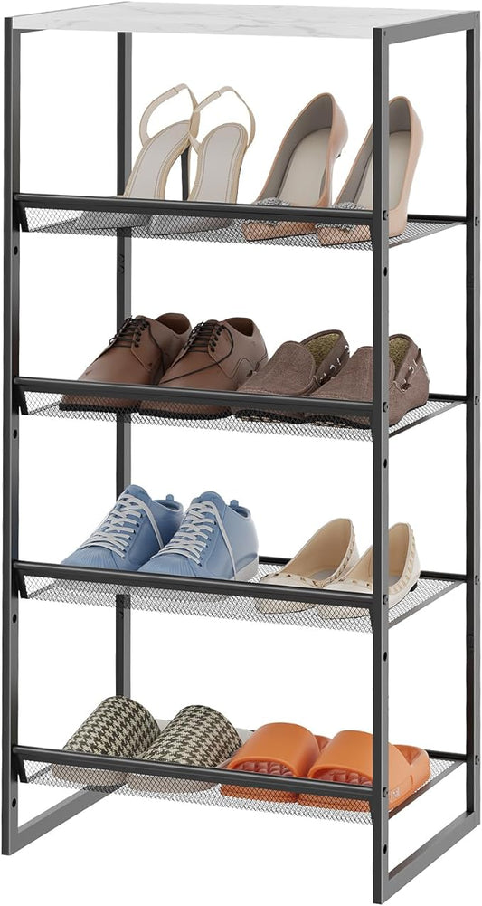 Garden 4 you 5 Tiers Narrow Shoe Rack,Small Space Freestanding Shoe Storage Organizer with White Wooden Tabletop,Adjustable Metal Shelf Stackable Shoe Shelf for Entryway Hallway Living Room Closet