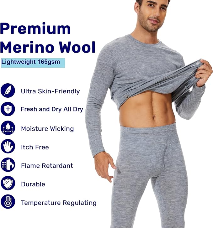 MERINNOVATION Merino Wool Base Layer Set for Men 100% Merino Wool Thermal Underwear Long Sleeve