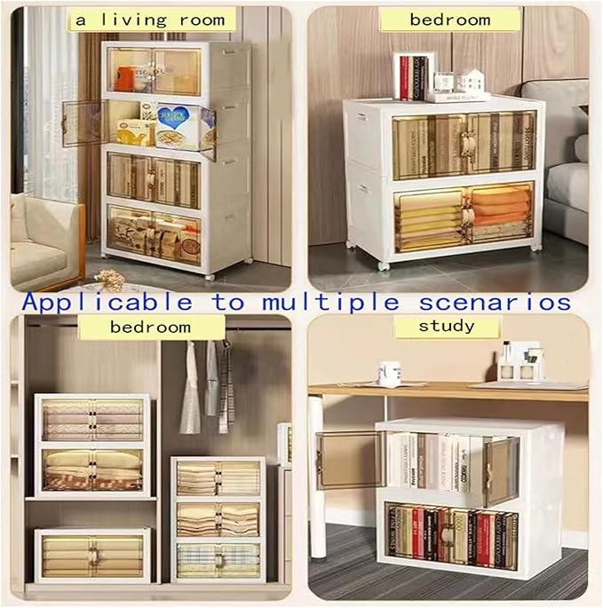 32 Gals Storage Bins with Lids - Folding Storage box with Doors and Wheels, Collapsible Plastic Storage Bins for Closets, Stackable Storage Organizer, (2 packs)