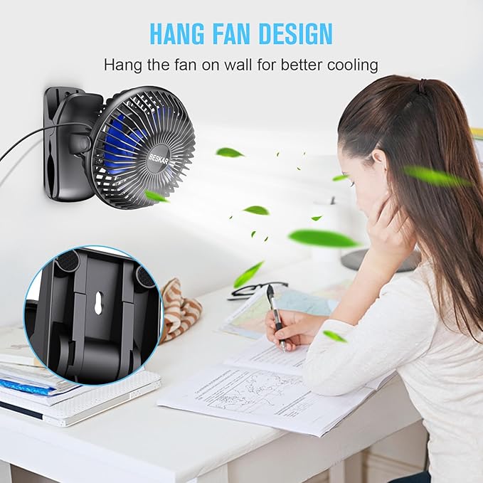 BESKAR USB Clip on Fan, Portable Small Fan with Cord Powered, 3 Speeds Strong Airflow, with Sturdy Clamp, Quiet Personal Desk Fan