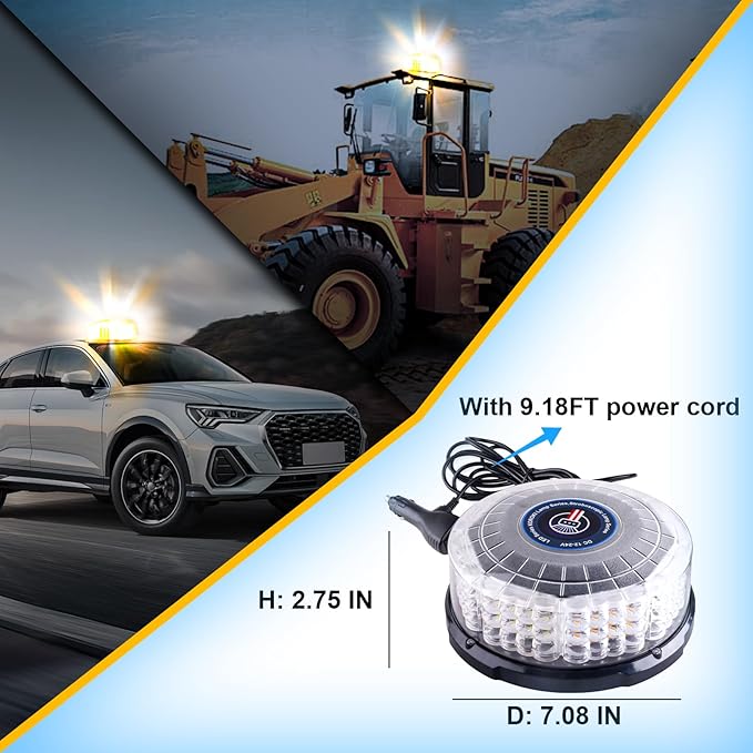 1PCS 96-LED Emergency Lights for Vehicles, 7" Magnetic Rooftop Beacon Light, Rotating Beacon Light, Mini Strobe Warning Forklift Lights, Flashing Lights for Vehicles Trucks Tow(Amber-White)