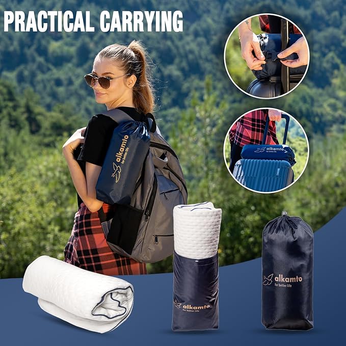 Memory Foam Pillow for Travel and Camping with Extra Cotton Cover – Easy to Carry Portable Bag (White Contour)