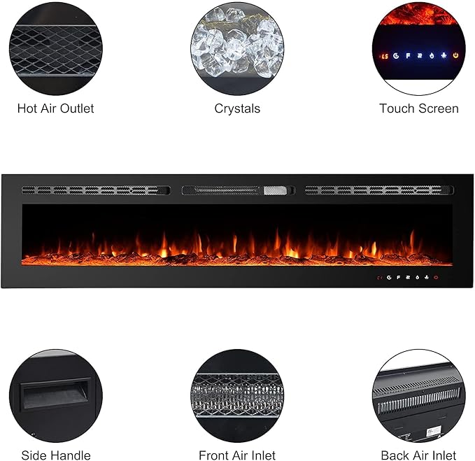 CharaVector 70 inch 750W/1500W Electric Fireplace Inserts with Remote Control in Wall Mounted, Energy Saving LED Insert Fireplace Heater Indoor Glass View with Remote Control & Touch Screen, Black