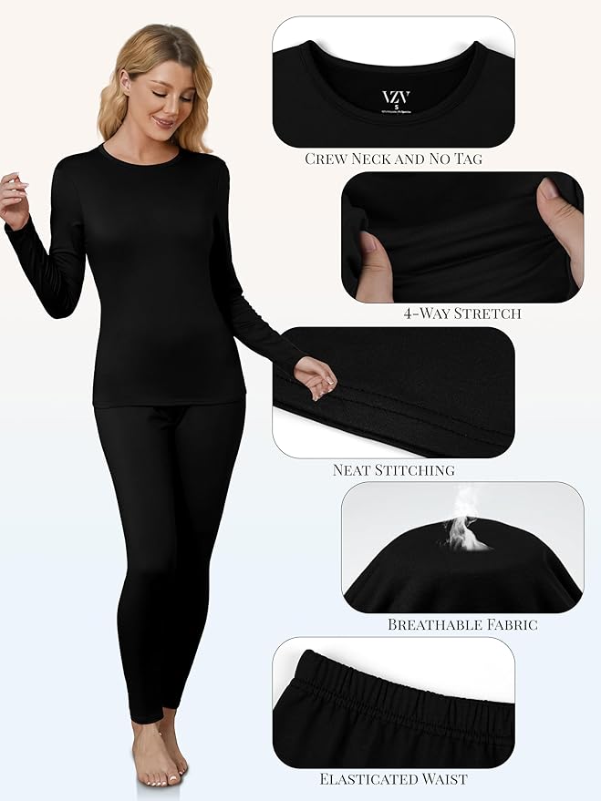 VZV Thermal Underwear for Women, Long Johns for Women Thermal Sets Fleece Lined Base Layer Top and Bottom Set