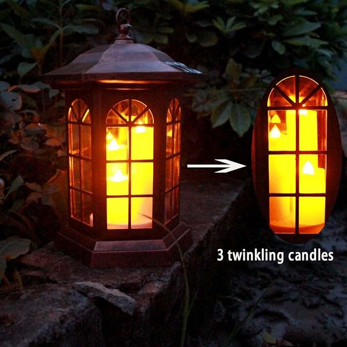 Solar Outdoor Waterproof Hanging Lantern, Yard Decorative Solar Lights PVC Upgrade 3 LED Flickering Flameless Candle Decorative Lights for Garden(Garden Candle)