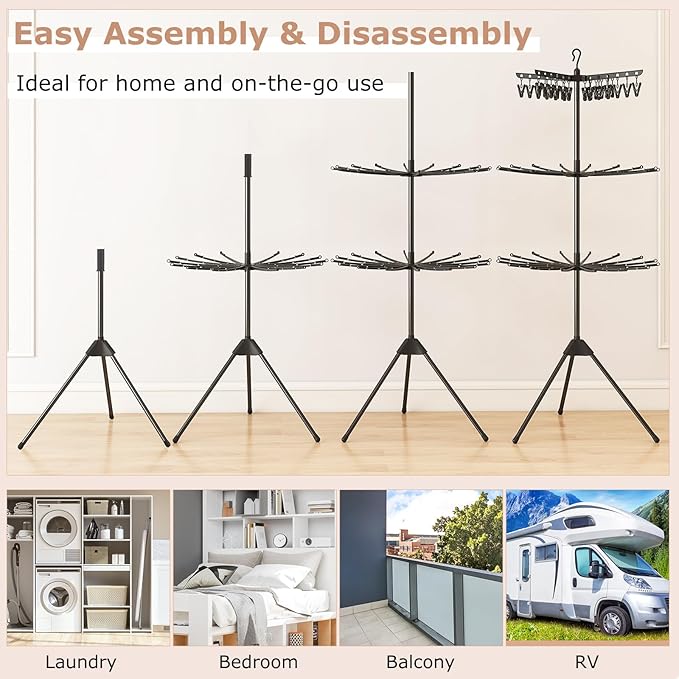 Giantex Tripod Clothes Drying Rack, 3-Tier Freestanding Folding Laundry Drying Rack w/24 Clips & 32 Rods, 70" Space Saving Towel Drying Stand w/360° Rotatable Arms for Laundry Room, Balcony, Black