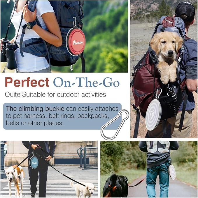 Pawaboo Collapsible Dog Bowls 2 Pack, Silicone Feeding Watering Bowls with Lids & Carabiners for Dogs Cats, Portable Water Feeder Food Bowl for Walking Traveling Home Use, 1000ml, Light Pink + Blue