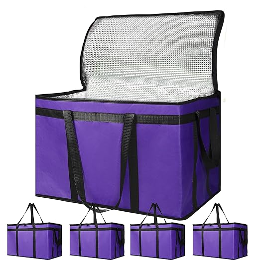 Bodaon 5-Pack Cooler Insulated Food Delivery Bag for Doordash/Uber Eats, XXX-Large Thermal Bags for Catering/Hot Pizza, Travel/Camping/Picnic Basket，Grocery Reusable Warmer Frozen, Purple-Black Edge