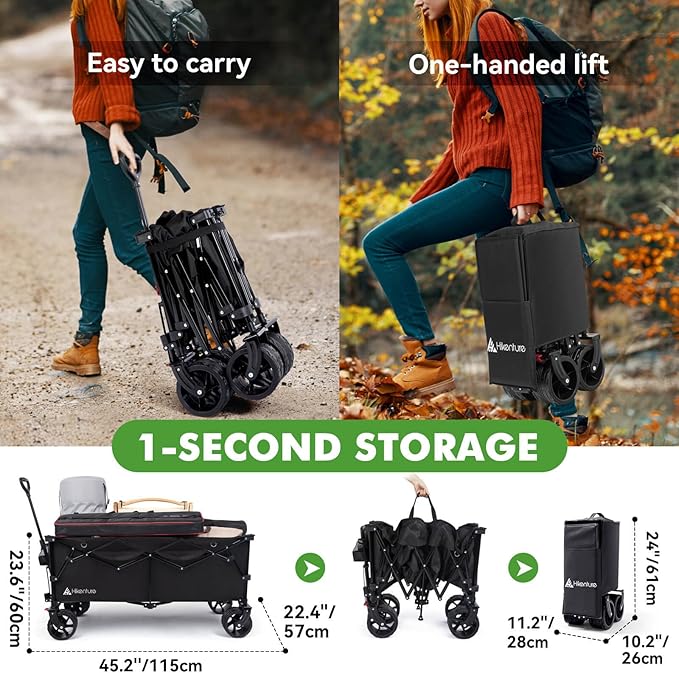 Hikenture Extended Collapsible Wagon, 500 LBS Wagons Carts Foldable, Heavy Duty Beach Wagon with Big Wheels for Sand, 300L Large Capacity Foldable Wagons, Utility Grocery Cart for Garden, Sports