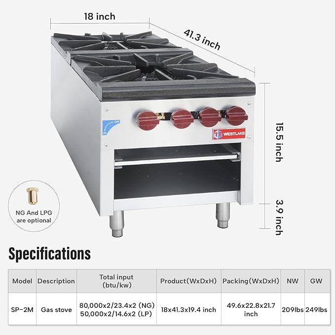 WESTLAKE Commercial Gas Stock Pot Range, 2 Burners Natural Gas and Propane Stove with 80000 X 2 BTU, 18" W Countertop Cooking Stove Range Commercial Stainless Steel Gas Stock Pot for Restaurant