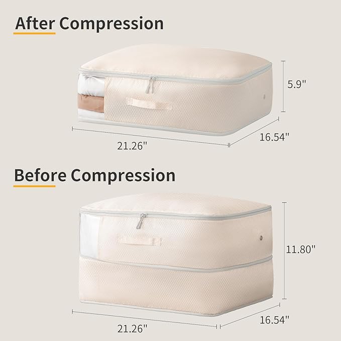 DIMJ 66L Comforter Storage Bag - 3 Pack Space-Saving Self-Compression Bags for Blankets, Duvets, Pillows, Bedding, and Down Jackets with Clear Window and Handle