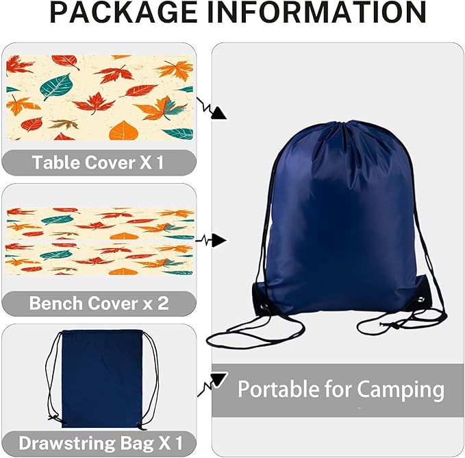 CAPSCEOLL Fitted Picnic Table Cover with Bench Covers with Elastic 8Ft Waterproof Camping Picnic Table Cover Cloths for Outdoors Camping Tablecloth with Drawstring Bag, 96X30in, Maple Leaf