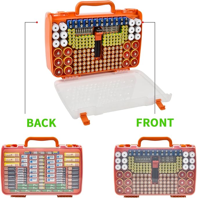 Battery Organizer Storage Holder Box Case with Tester- 269 Batteries Double-Sided Variety Pack, Holds AA AAA 4A C D Cell 9V 3V Lithium LR44 CR2 CR123 CR1632 18650 Button- Orange (Box Only)