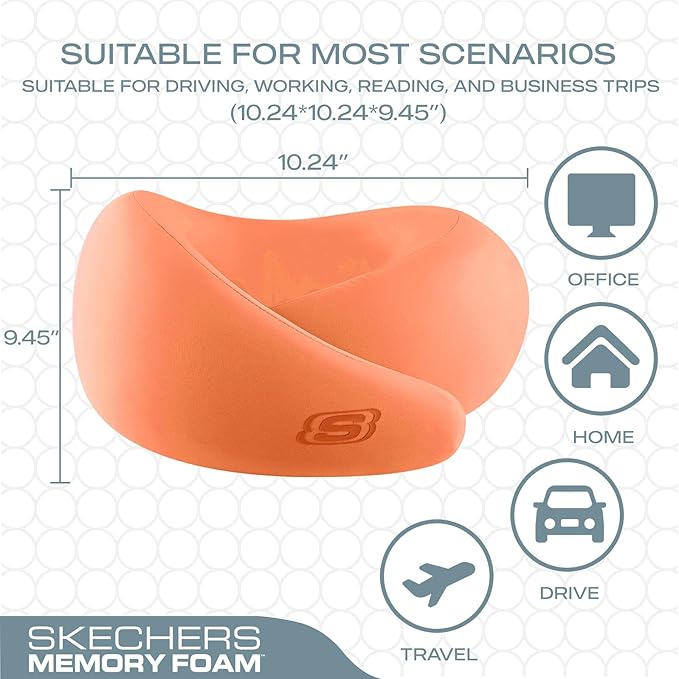 Skechers Memory Foam Travel Pillow,Comfortable & Breathable Airplane Travel Essential, Neck Pillow for Travel, Car Rides, Home, and Office Use, Ergonomic Design for Men and Women,Orange