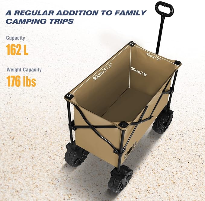Chihee Folding Wagon Cart Garden Cart Heavy-Duty with 2 Cup Holders,Camp Cart for All-Terrain Wheels with Braking System Large Capacity Removable Fabric,for Sporting Events,Camping,Beach Trips