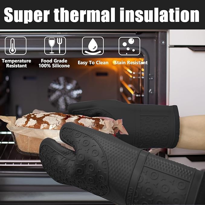 Oven Mitts with Heat-Resistant Hot Pads and Five Silicone Spatulas Designed for Kitchen Baking Cooking, Oven Glove Soft Cotton Lining, Waterproof, BPA-Free (New-Black, 12.6)