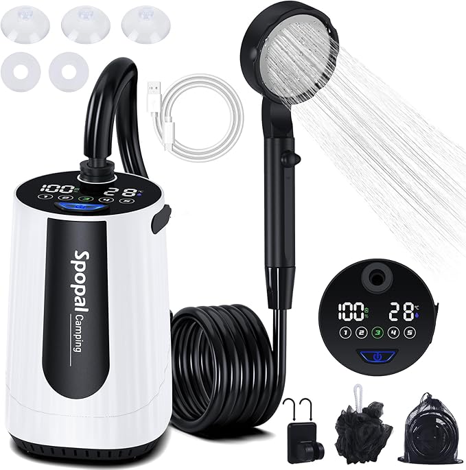 Portable Camping Shower - 10000mAh Rechargeable, 5-Speed, IPX8 Waterproof, LED Display Camp Shower Pump- Perfect for Hiking, Travel, Cars & Pets