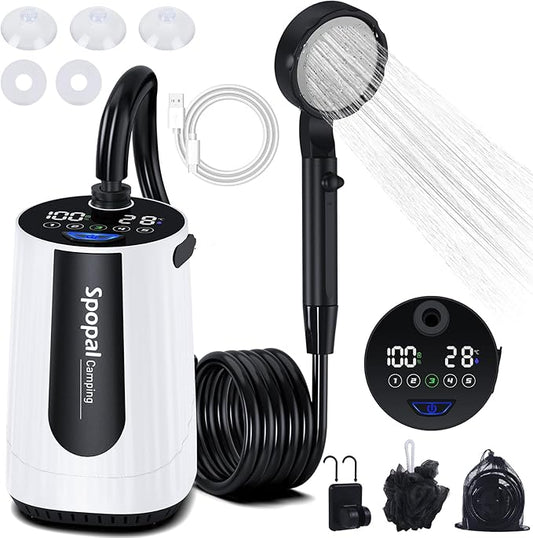 Portable Camping Shower - 10000mAh Rechargeable, 5-Speed, IPX8 Waterproof, LED Display Camp Shower Pump- Perfect for Hiking, Travel, Cars & Pets