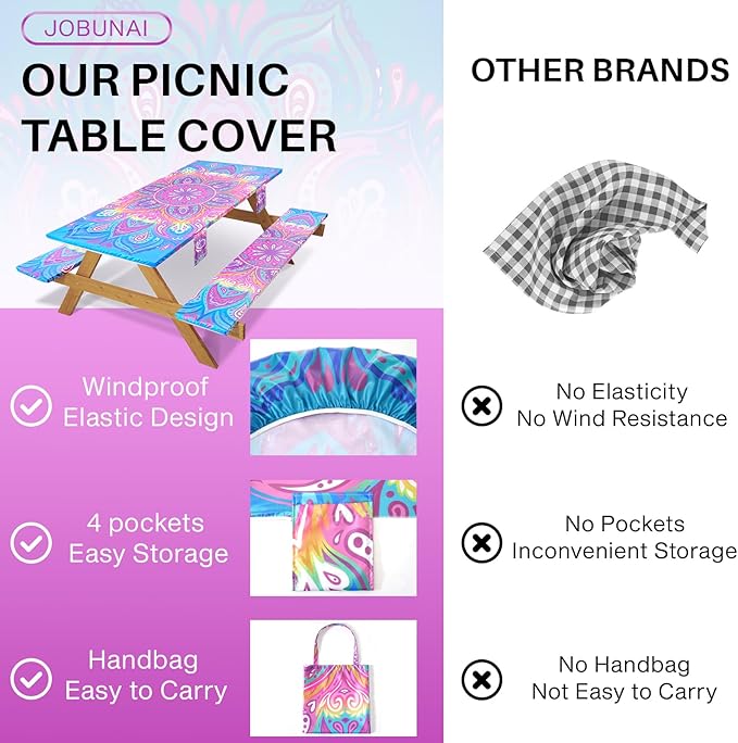 3 Piece Picnic Table Cover with Bench Covers 72x30In Fitted Elastic Heavy Duty Camping Table Cloths Camp Motorhome Gear Garden Festival Stuff Road Trip Outdoors Must Haves Gifts for Mom Dad