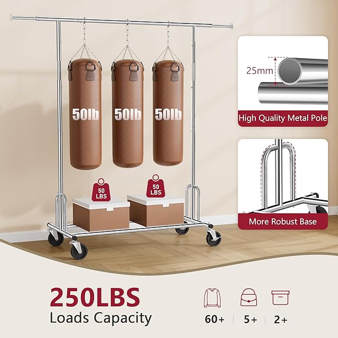 Tajsoon Heavy Duty Clothes Rack Foldable Garment Rack with Wheels and Extendable Rod, Freestanding Clothing Rack for Hanging Clothes, Adjustable ＆ Collapsible Rolling Racks with Bottom Shelf, Chrome