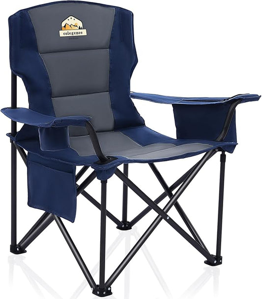 Oversized Folding Camping Chairs - 450 LBS Support Heavy Duty Camp Chair with Padded Cushion, Portable Outside Chairs with Carry Bag，Cooler, Cup Holder for Outdoor, Lawn, Sports - Blue