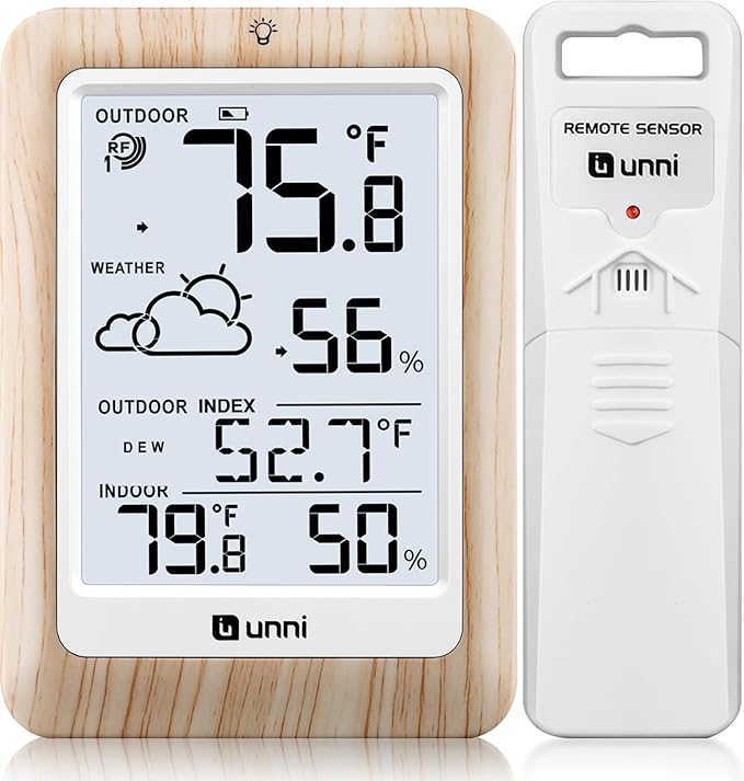 Indoor Outdoor Thermometer Wireless Weather Station, Temperature Humidity Monitor Battery Powered Inside Outside Thermometers with 330ft Range Remote Sensor and Backlight Display（Wood）